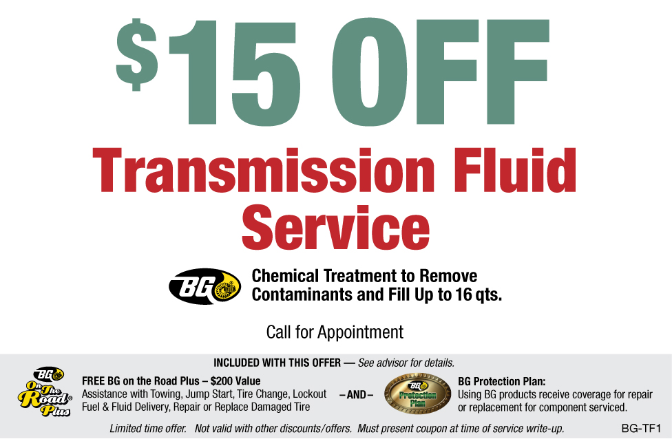 $15 OFF BG Transmission Fluid Service 