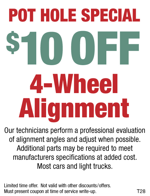 Pot Hole Special, $10 Off 4-Wheel Alignment
