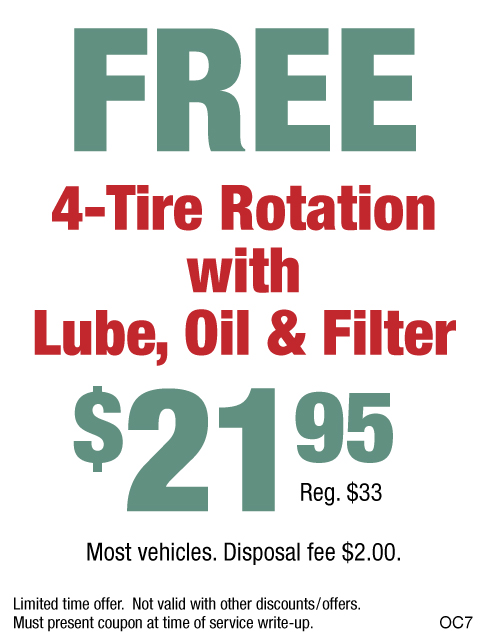 FREE Tire Rotation W/Oil Change $21.95