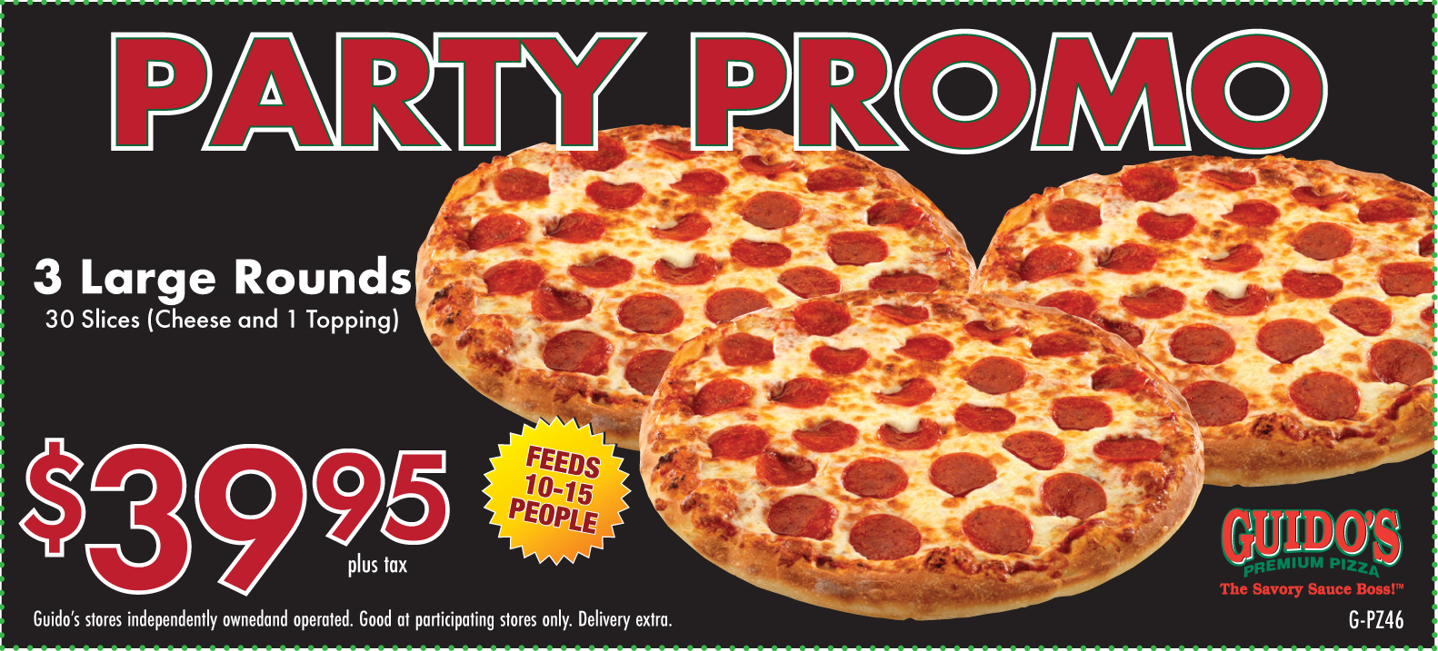 Party Promo 3 Large Rounds 1 Topping $39.95