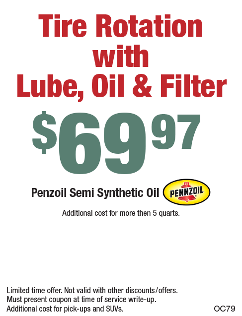 $69.96 Tire Rotate W/ Lube, Oil & Filter