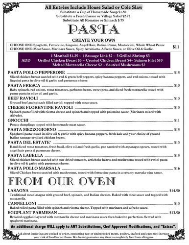 Pasta menu Pasta menu